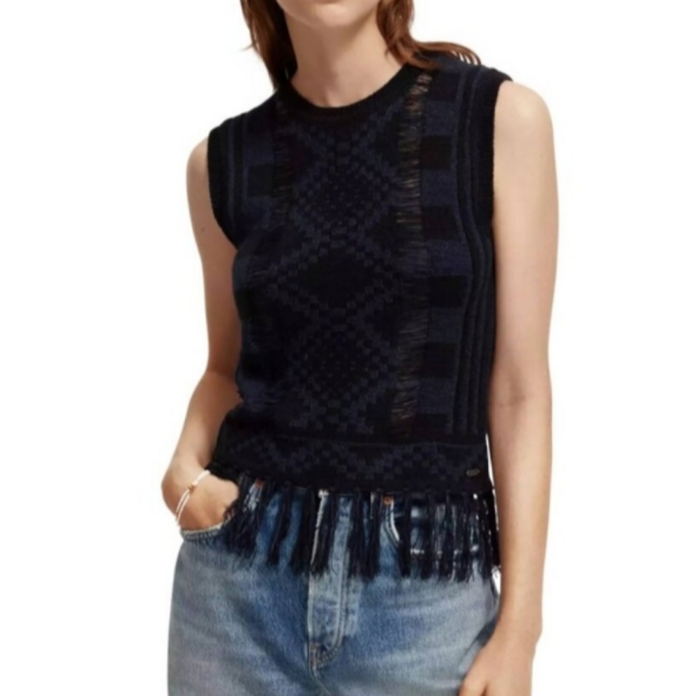 Scotch & Soda Open Knit Fringed Sleeveless Blue and Black Crew Neck Sweater Sz S